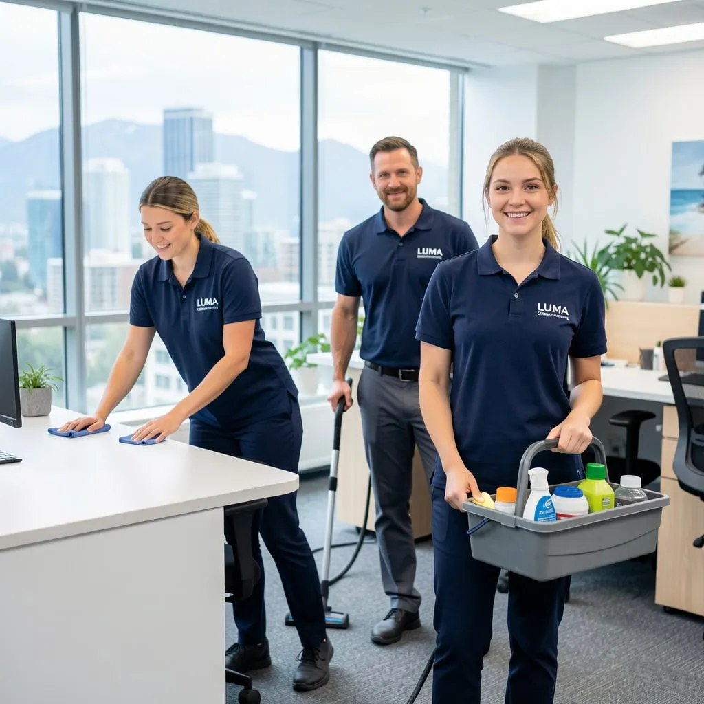 Three Luma cleaners in navy uniforms wiping desks and vacuuming in a bright office with a view of the city and mountains